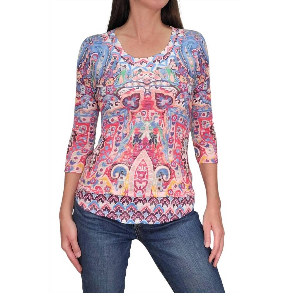 NEW DAVID CLINE deco layered quarter sleeve top in multi
